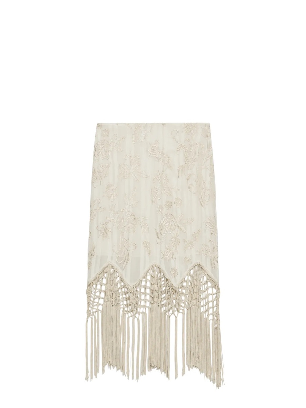 Zara Cream Embroidered Midi Skirt with Fringe Hem
